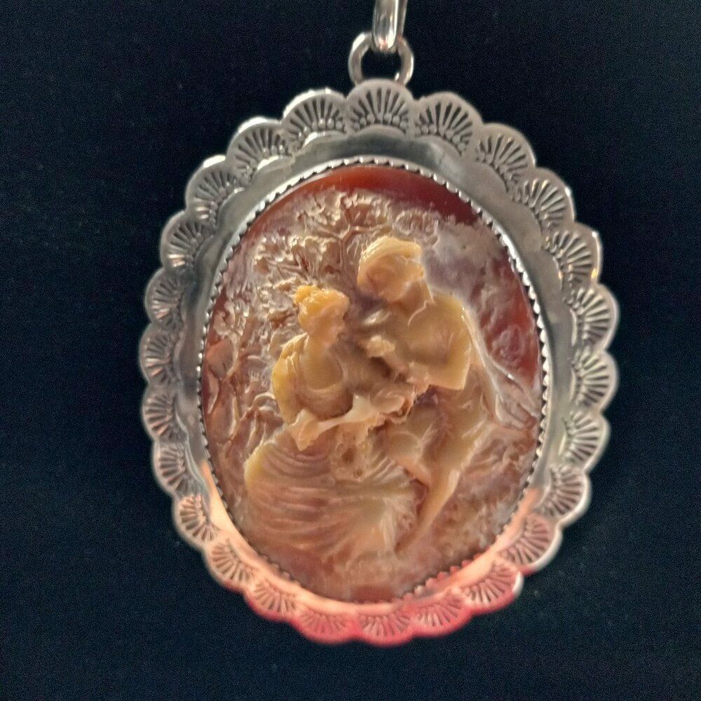 Vintage Couple Cameo Sterling Pendant Sterling Silver Figaro Chain Cottagecore